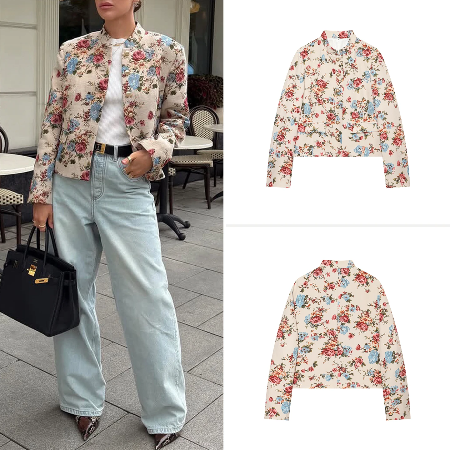 Fashionable Floral Long Sleeve Button up Stand Collar Jacket Women's Autumn Wear ZADATA Standard Fit Short Outerwear