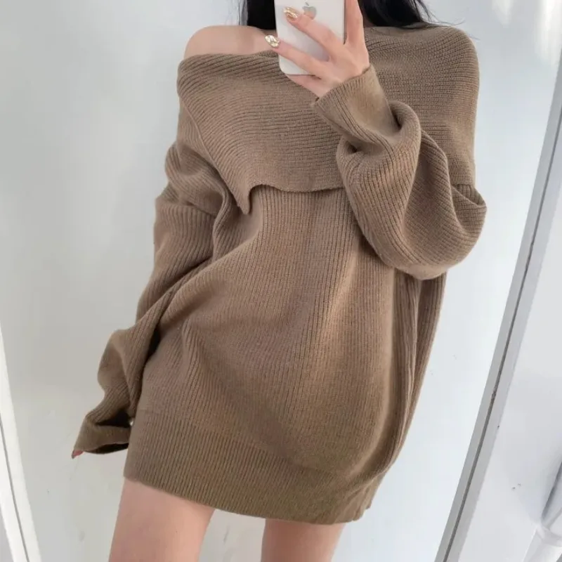 Sexy One Shoulder Short Knit Pullovers Women Fall Winter American Thickened Long Sleeve Sweater Tops 3 Colors