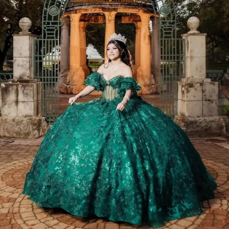 

Блестящее темно-зеленое платье Quinceanera с открытыми плечами и кристаллами, длинный хвост, многослойное платье de 15, Quinceanera ﻿ Настроить