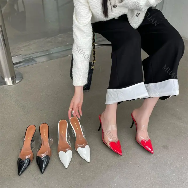 PVC Heart-shaped Pointed Toe Heeled Pumps Backless Wedding Party High Heels Sandals for Women Transparent Slippers Ladies Shoes