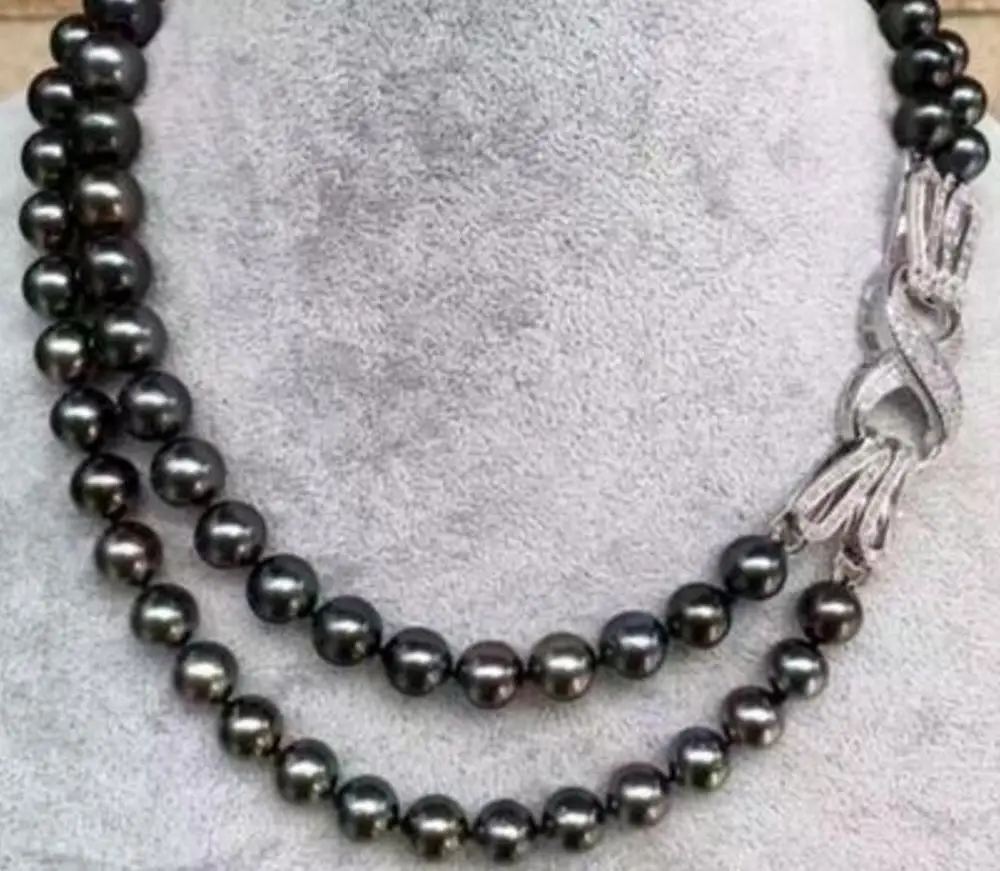 

Fashion jewelry noble jewelry double strands 8-9mm Freshwater black green pearl necklace 17.5-18.5inch