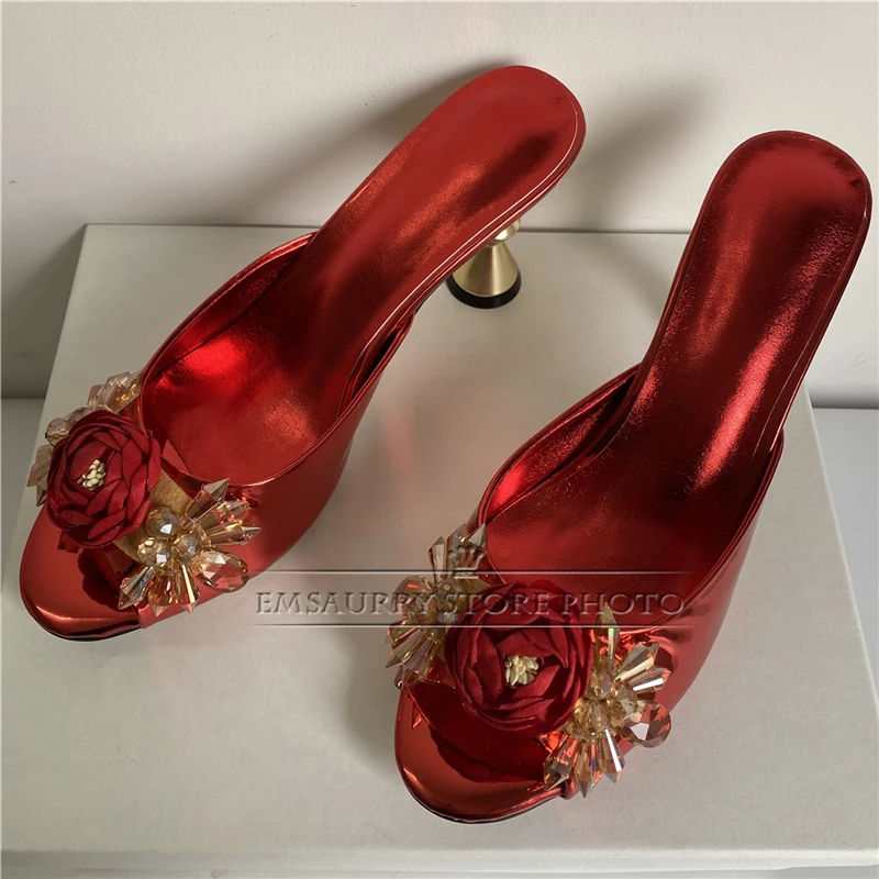 Handmade Rose Crystal Flower Sandals Women Novelty Metal Strange Heel Patent Leather Slingbacks Modern Summer Shoes