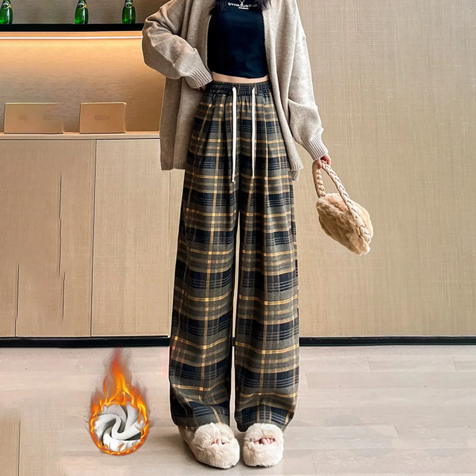 Winter Warm Plaid Pants For Women High Waist Fleece Trousers Ladies Loose Casual Red Straight Velvet Pants Women Winter Clothing