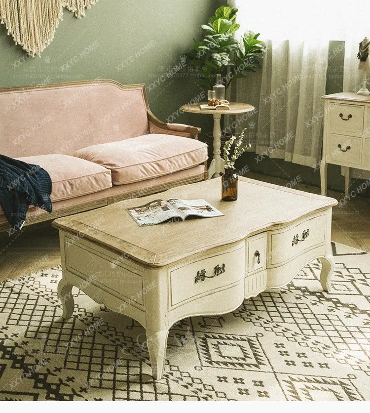 Luxury living room retro rectangular solid wood coffee table - rustic white antique tea table