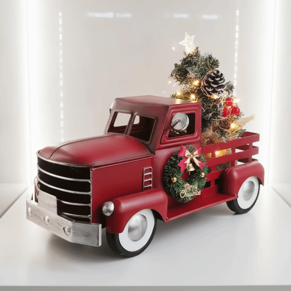 American Rustic Style Red Truck with Christmas Tree Ornament Vintage Metal Christmas Pickup Truck Statue with Light Mini