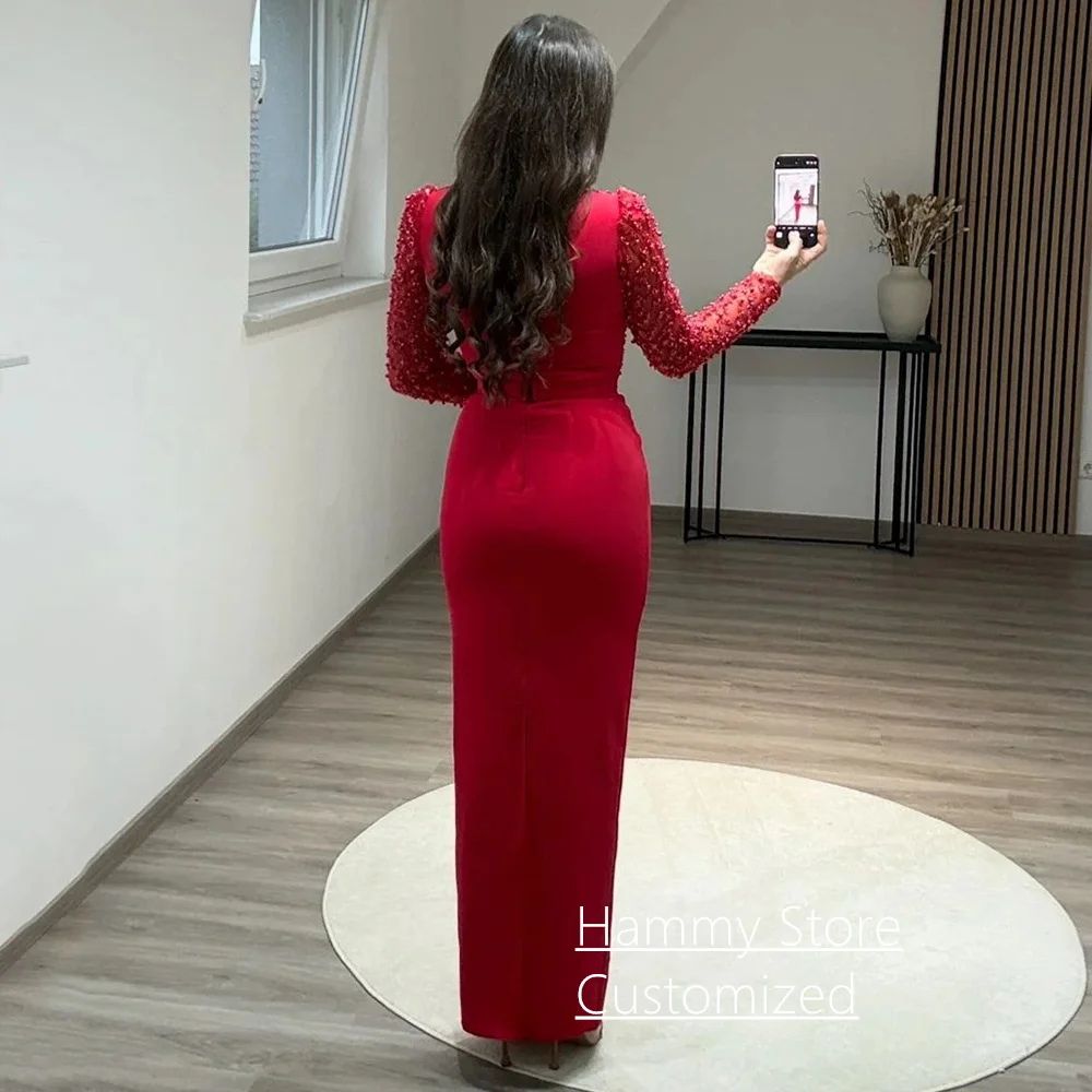 Red Evening Dress Customized Pearls Long Sleeves Beading Sheath Cocktail Party Gown Formal Prom Dresses for Special Occasion image 2