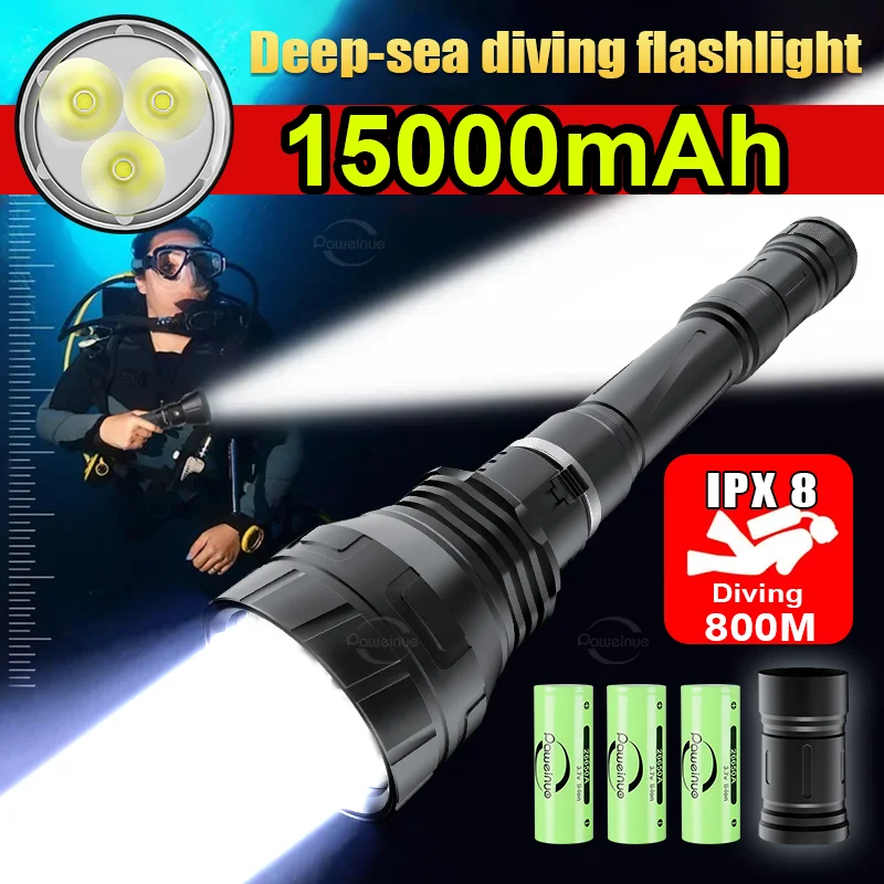 15000mAh Underwater Lantern IPX8 Diving flashlight 3*26650 Professional Scuba Diving Torch High Power Diving Waterproof Lamp