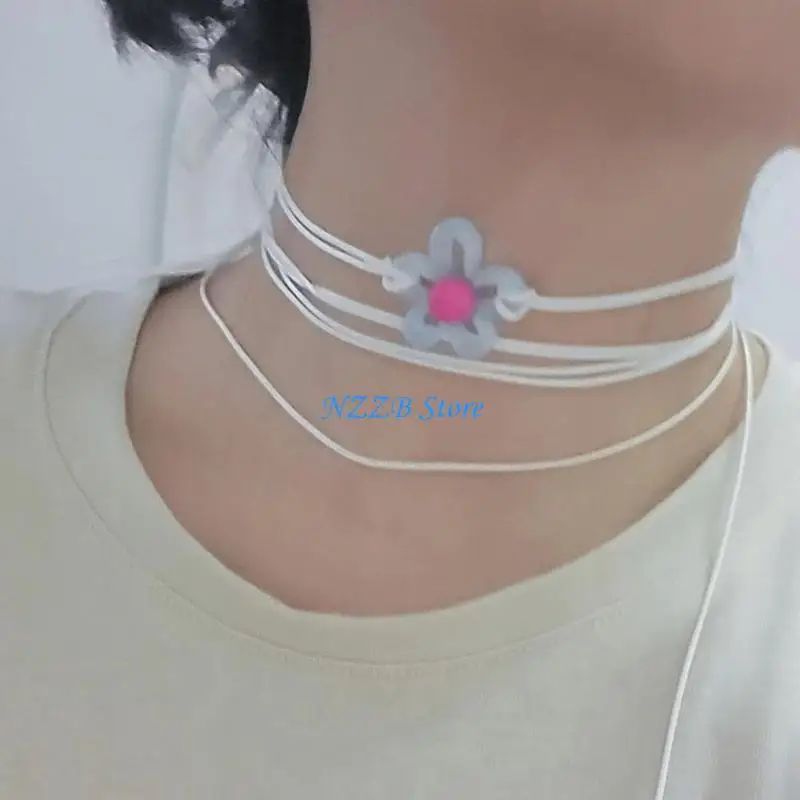 

T21F Double Layer Lace up Necklace Hollow Flower Pendant Necklace Summer Choker
