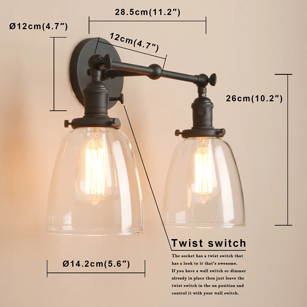 Luminária de parede industrial estilo vintage Permo com 2 luzes e sombra de vidro transparente de cone oval de 5,6 polegadas
