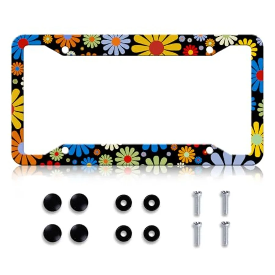 

Abstract Hippie Flower License Plate Frame Personalized Cute Flower License Plate Holdrer Stainless Steel Auto Parts Rust-Proof