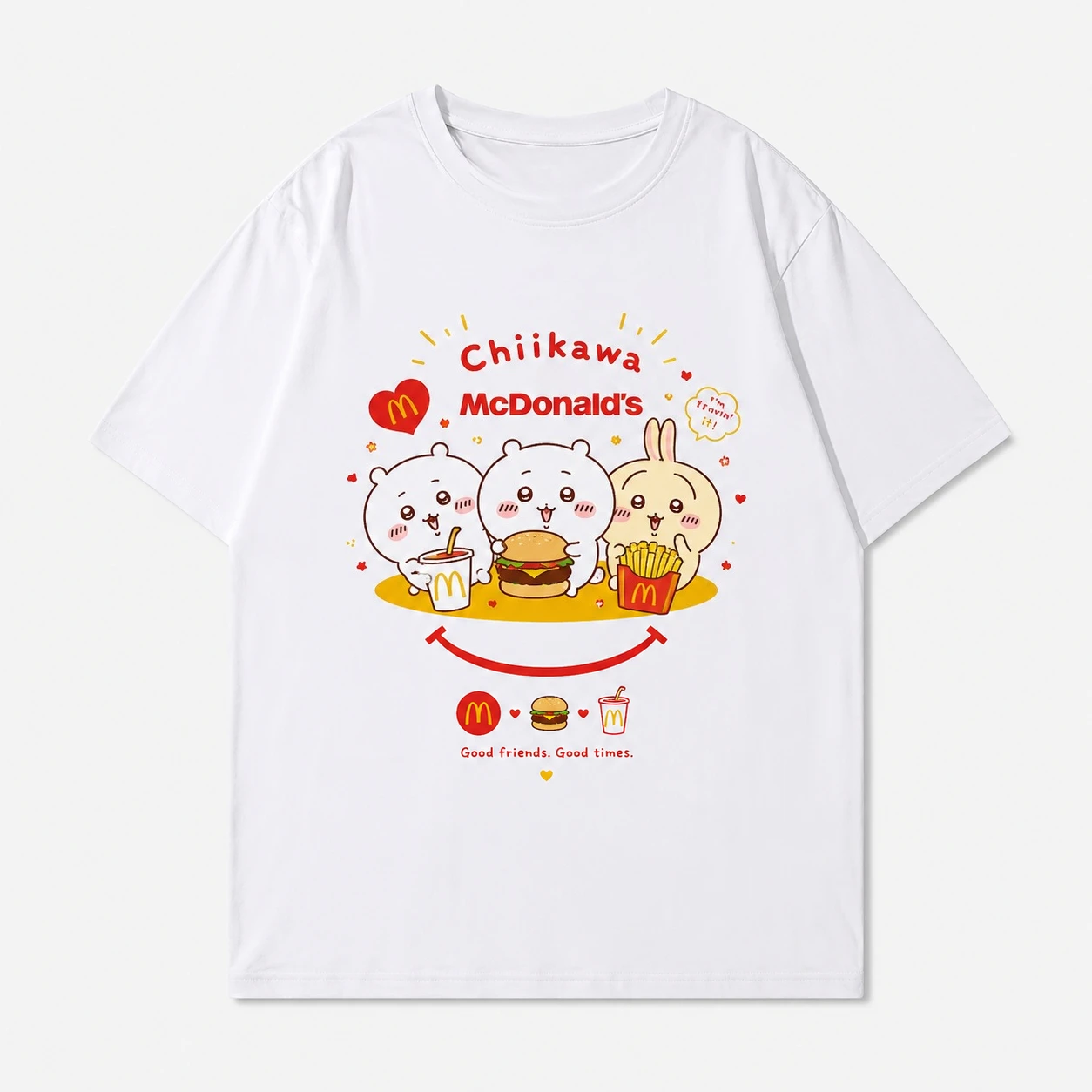 Übergroße weiße Oberteile für Männer und Frauen Chiikawa Group Grafik-T-Shirt Niedliches japanisches Maskottchen-Design Locker geschnittene Sommer-Streetwear Anime – Detail 4