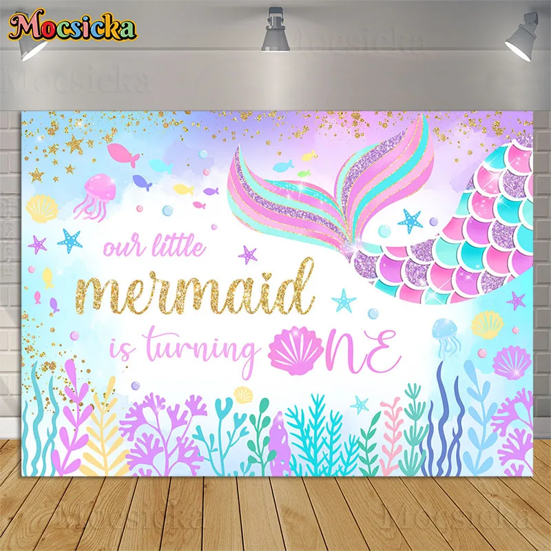 

Our Little Mermaid Is Turning One Princess 1st Birthday Backdrops Mermaid Tail Seabed Shell Baby Shower Background Photo Studio