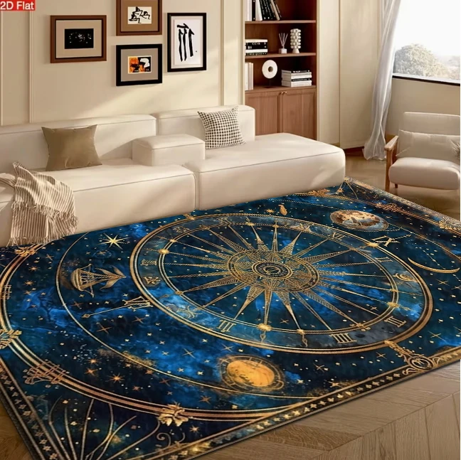 Vintage Celestial Astrology Star Chart Compass Rug Deep Blue Gold Non-Slip Carpet Floor Mat Suitable for Living Room Bedroom Home Decoration