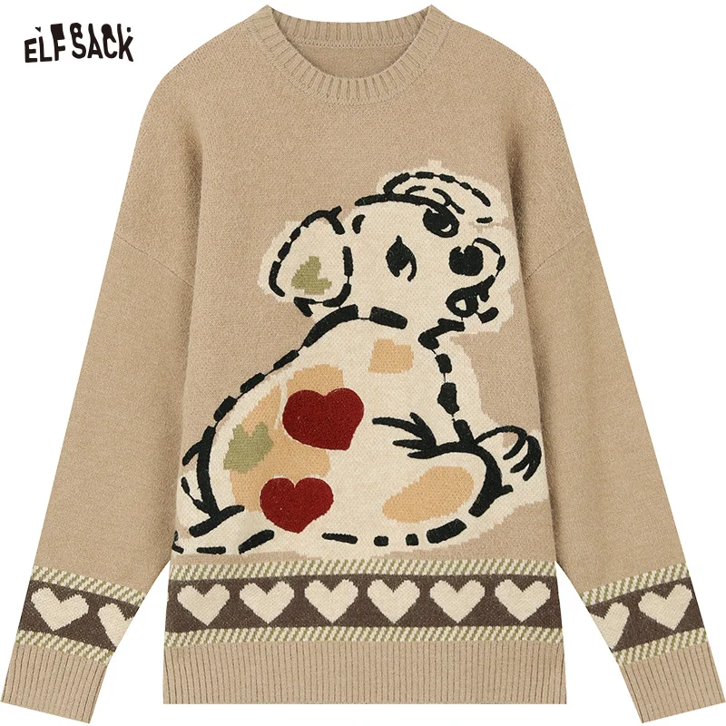 ELFSACK Kawaii Dog Pullover Sweaters Women 2023 Winter Loose Basic Daily Tops