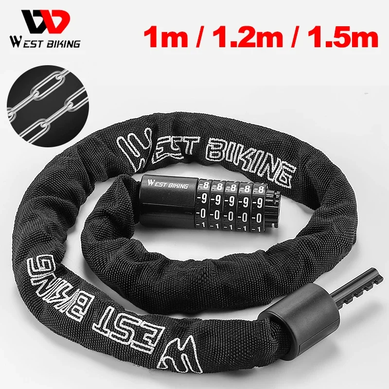 WEST BIKING 100-150cm Bicycle Chain Code Lock Safety 5 Digit Combination Anti-Theft Bicycle Motorcycle Lock E-bike Accessories