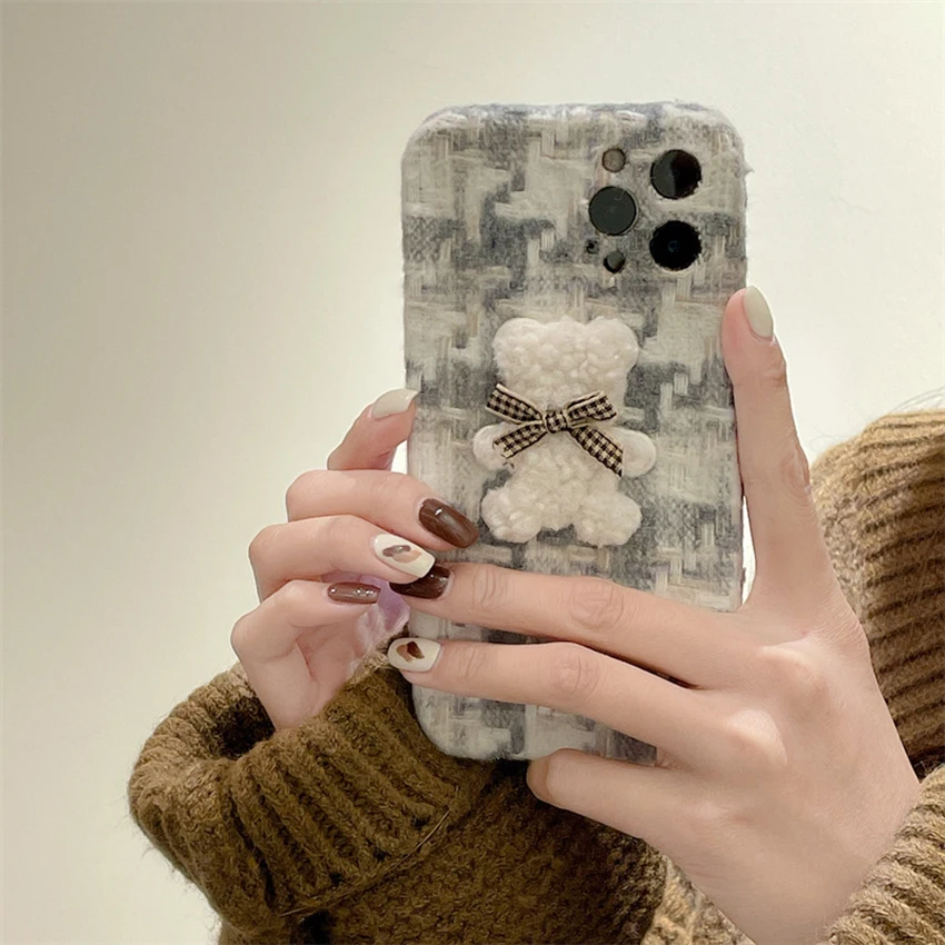 아이폰 16 15 14 13 Pro 12 11 Max Plus용 플러시 폰 케이스, 만화 곰 16Pro 폰 케이스, 체크 무늬 15Pro 커버, 귀여운 Xs 쉘