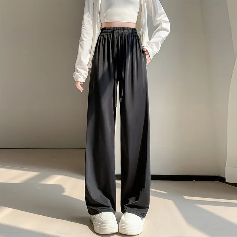 Wijde pijpen broek in wit Dames lente polyester plooien Jeugd stedelijke Kpop tailleband Training Hoge taille Twill Kinetisch gebundeld OL