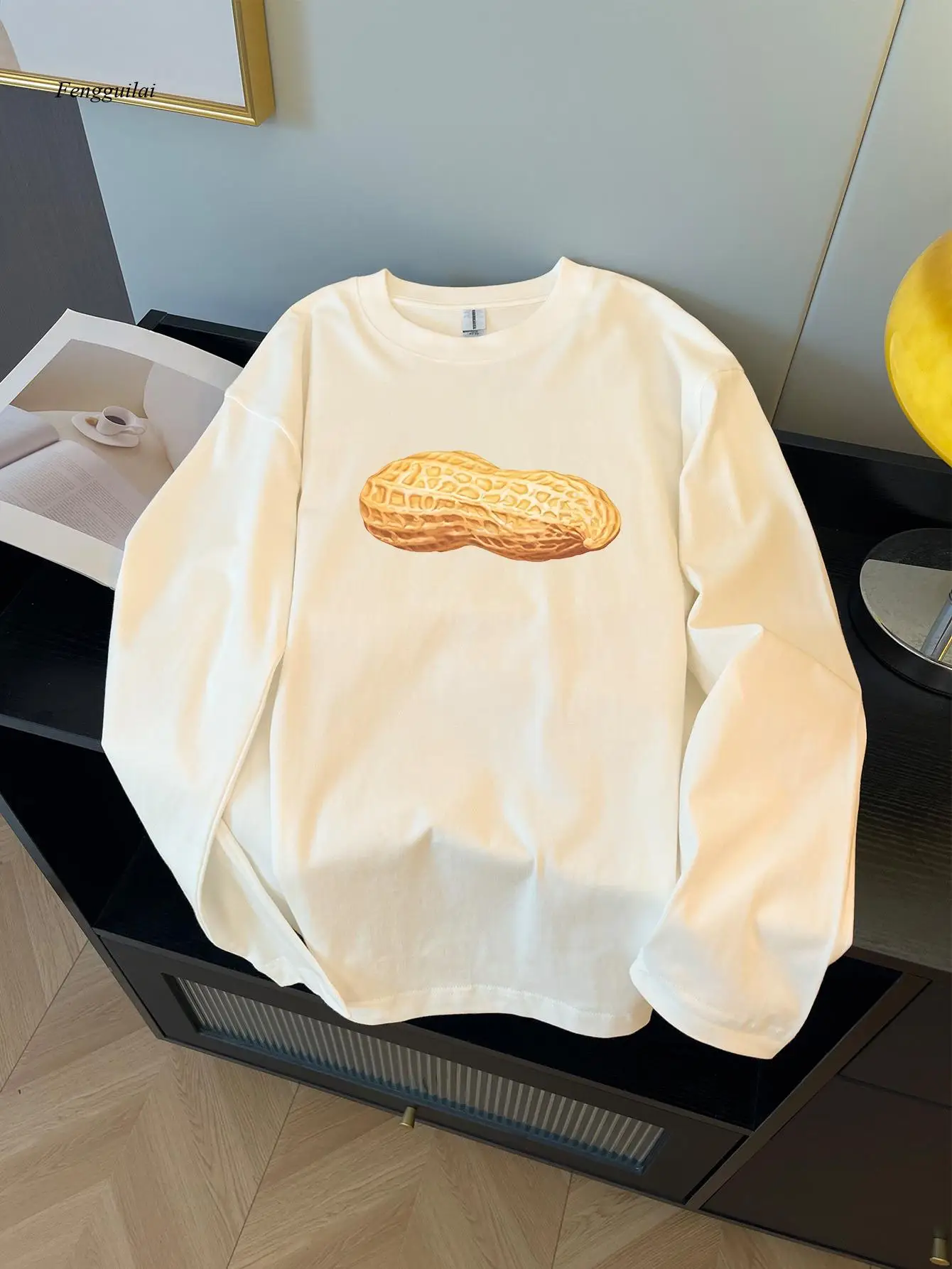 Crew Neck Long Sleeve T-Shirt with Unique Donut Pattern - Casual Fall/Winter Fashion Top, Soft & Comfortable