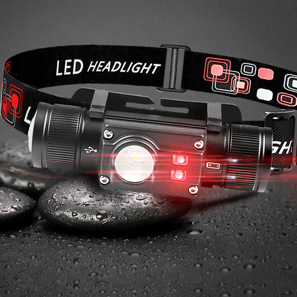 Newest  Type-C White Red LED Dimming headlamp18650 headlight Torch head lamp Headlamp Memory Function Flash light