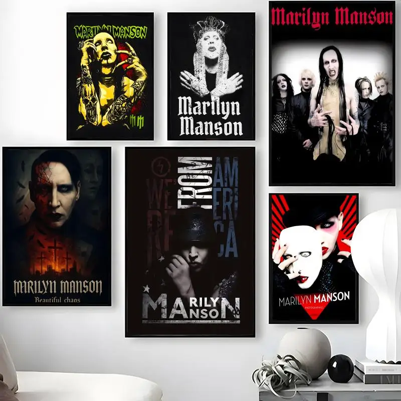 Singer M-Marilyn M-Manson Poster Waterproof Self-Stick Wall Art Stickers, Removable Wall Decor for Living Room and Bedroom