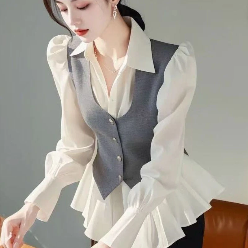 

Уникальная красивая бело-серая шифоновая рубашка с цветными блоками, весенний новый французский топ, обтягивающий талию для женщин