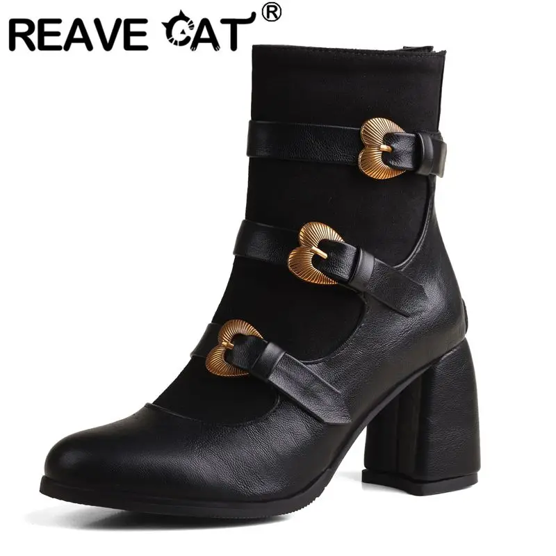 REAVE CAT 2024 New Ankle Boots Round Toe Chunky Heels 7.5cm Zipper Belt Buckle Splice Large Size 50 51 52 Fashion Dating Booties