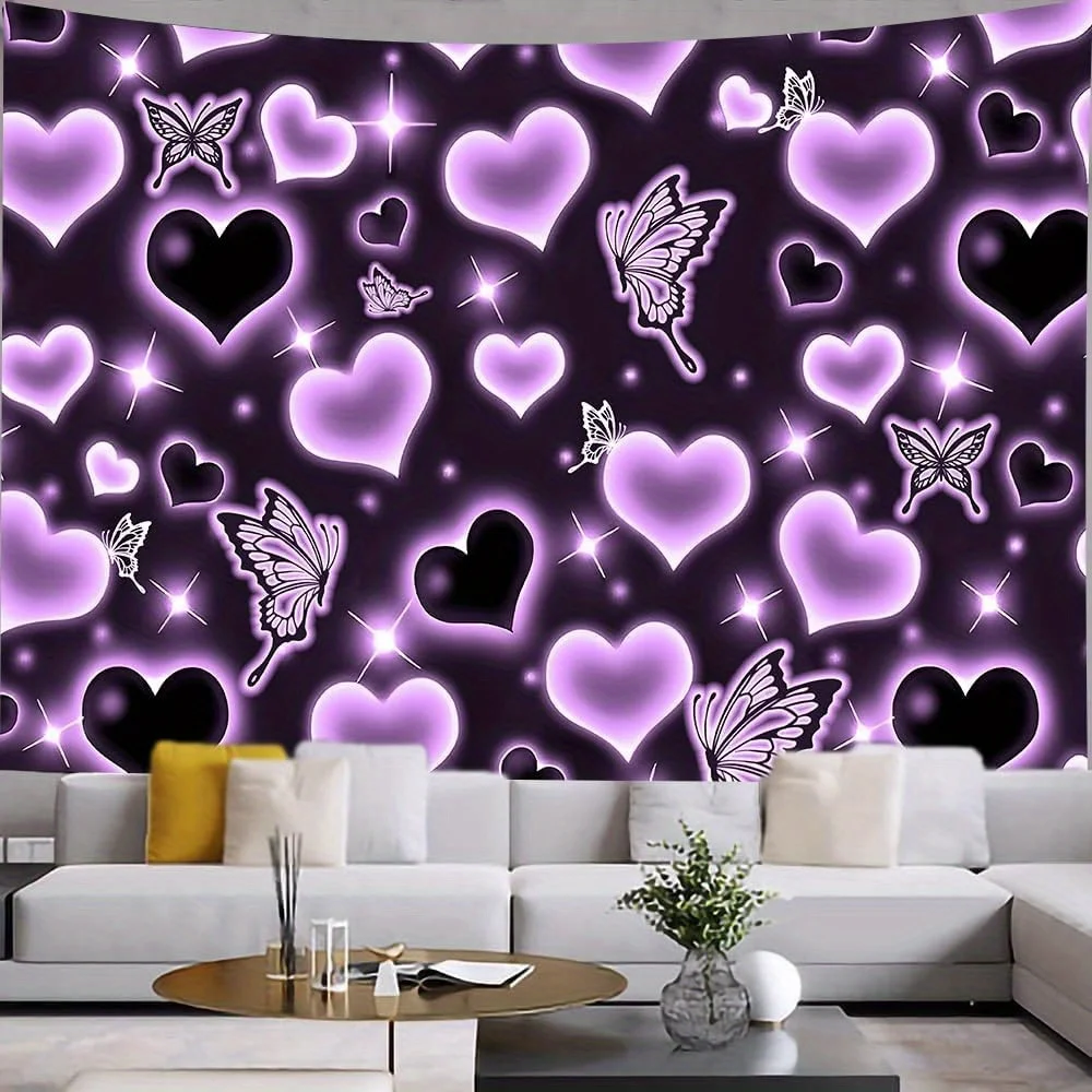Glowing Hearts and Butterflies Tapestry: Romantic Neon Wall Art for a Magical, Cozy, and Enchanting Decor Statement