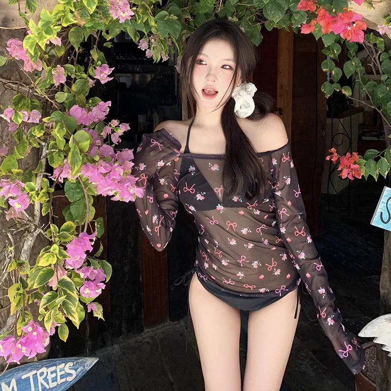 Sexy Three Pieces Bikini 2024 Women's Swimwear Bow Print Swimsuit Long Sleeve Cover Up Top Bathing Suits Girls Korean Beachwear