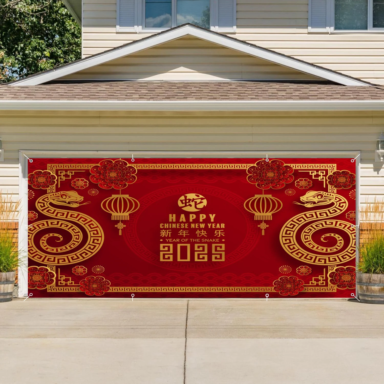 Chinese New Year Garage Door Decoration Banner Red Lantern Snake 2025 Chinese New Year Patio Background Large Size With Rope