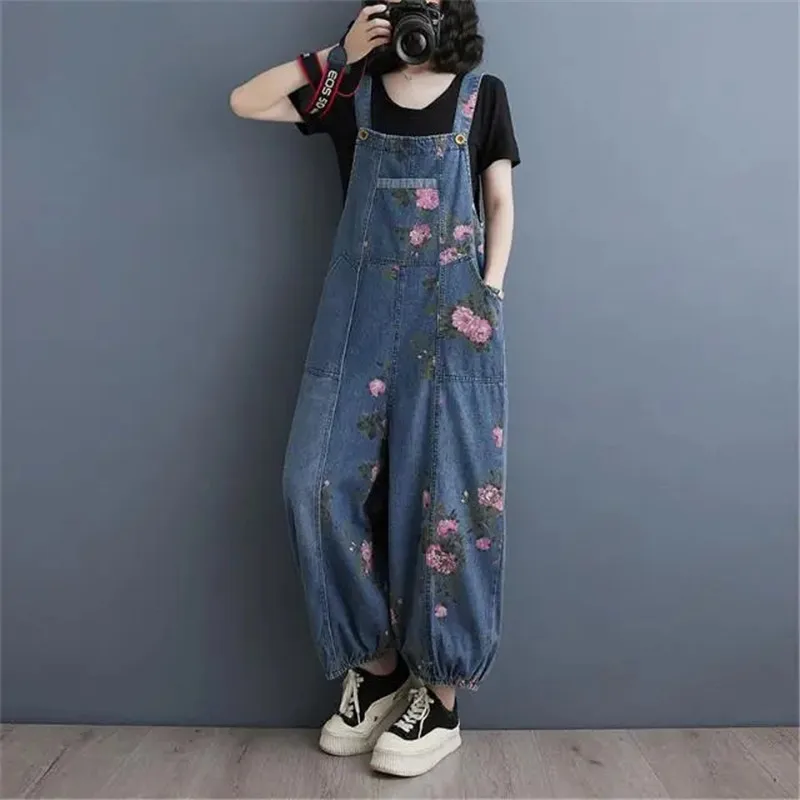 Macacão sem mangas, estilo étnico feminino, macacão retrô solto, jeans vintage reto, bolso múltiplo, moda estampada, novo, primavera