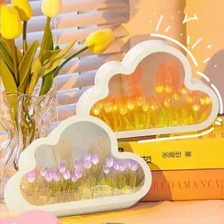 DIY Tulip Lamp Tulips Mirror Lamp Cloud Tulip Night Light Birthday Gift LED Flower Lamp Bedroom Decor