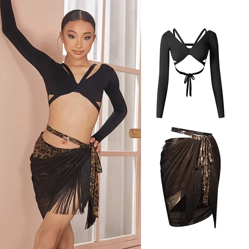 

ZYM Kids Latin Dance Clothes Girls Practice Clothing Long Sleeves Black Tops Sequin Tassel Skirt Performance Dance Wear DNV25619