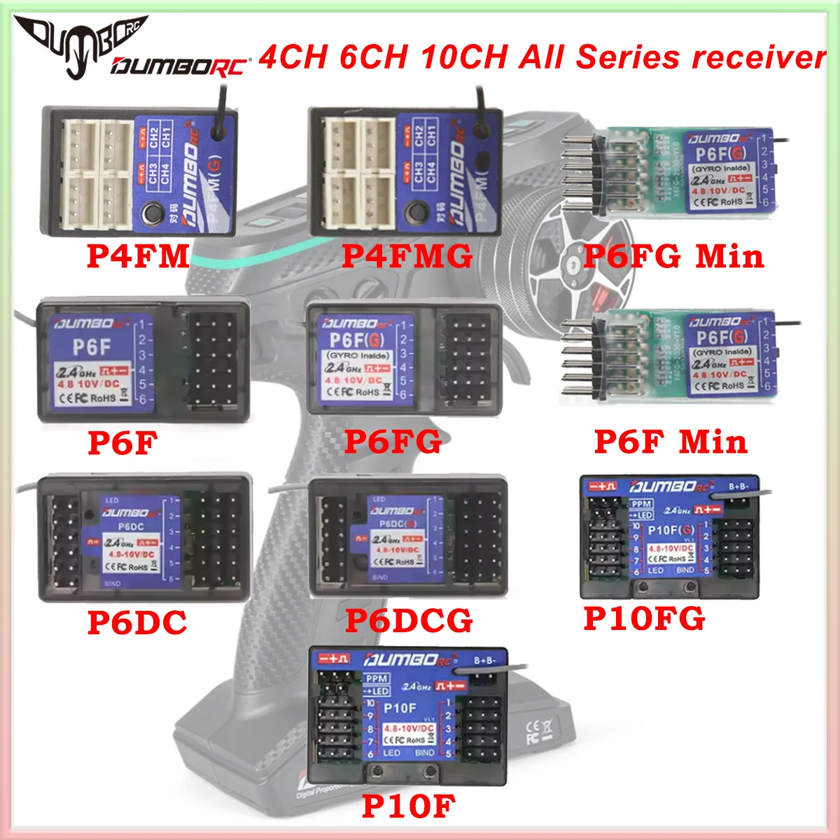 DUMBORC P6FG P10FG P6DC P4FMG 4CH 6CH 10CH Mini Receiver 2.4G 4.8-10V Voltage Return for X6 DDF-350 Transmitter RC Car Boat Tank