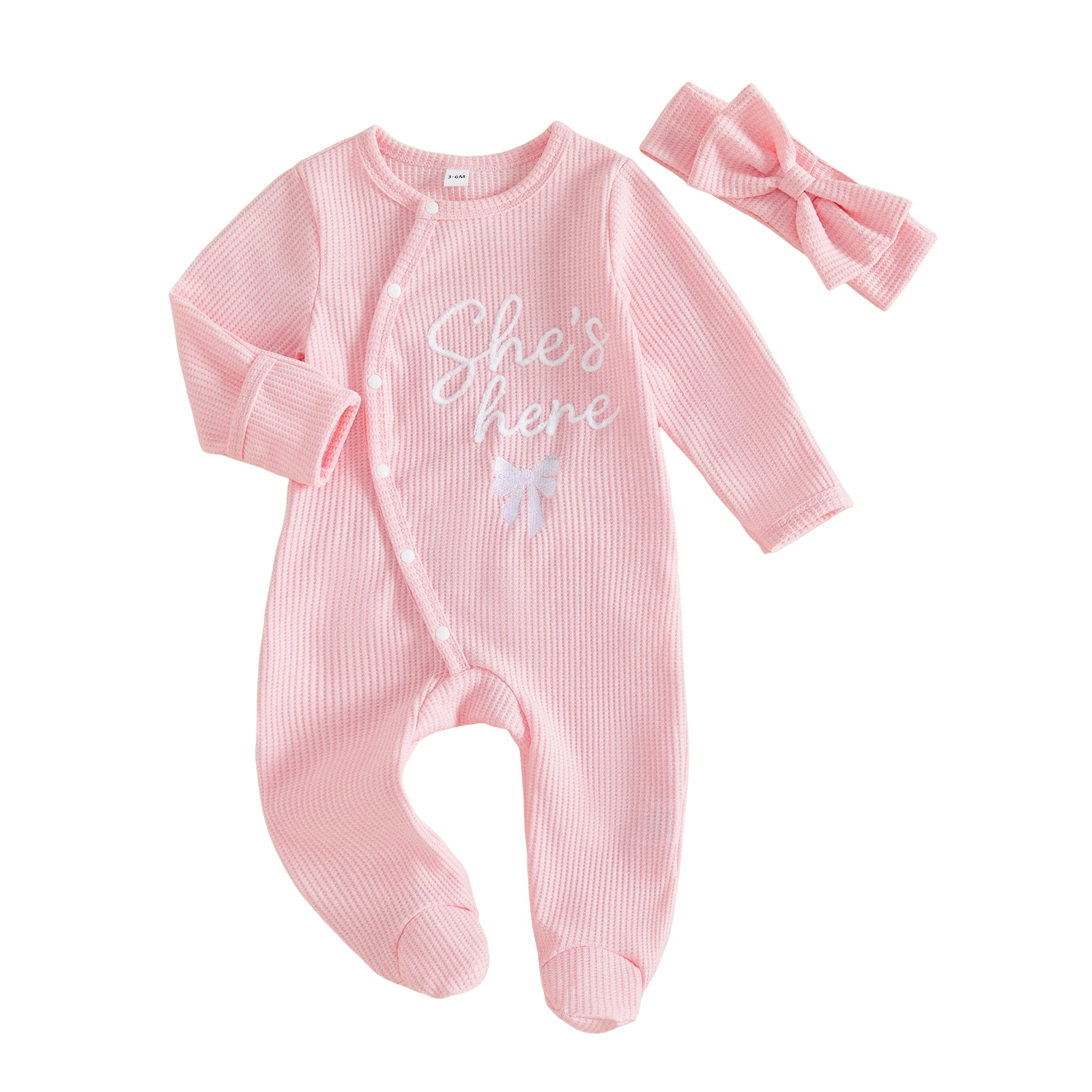 Newborn Girl Fall Footed Romper Embroidery Long Sleeve Jumpsuit Headband