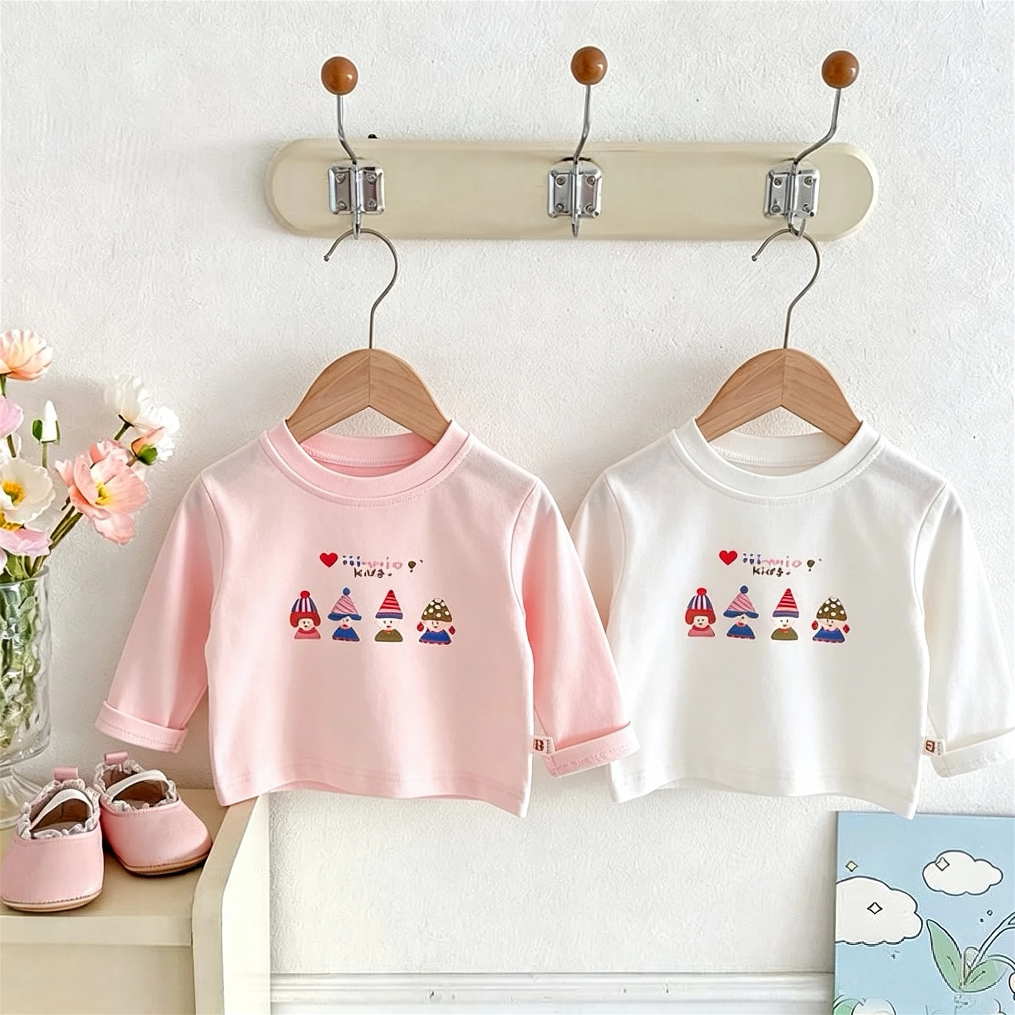 1-7 Age Children's Clothes Printed Cute Baby Girl Long Sleeve Tshirts Tops Crewneck Pullover Bottoming Shirts Spring Autumn