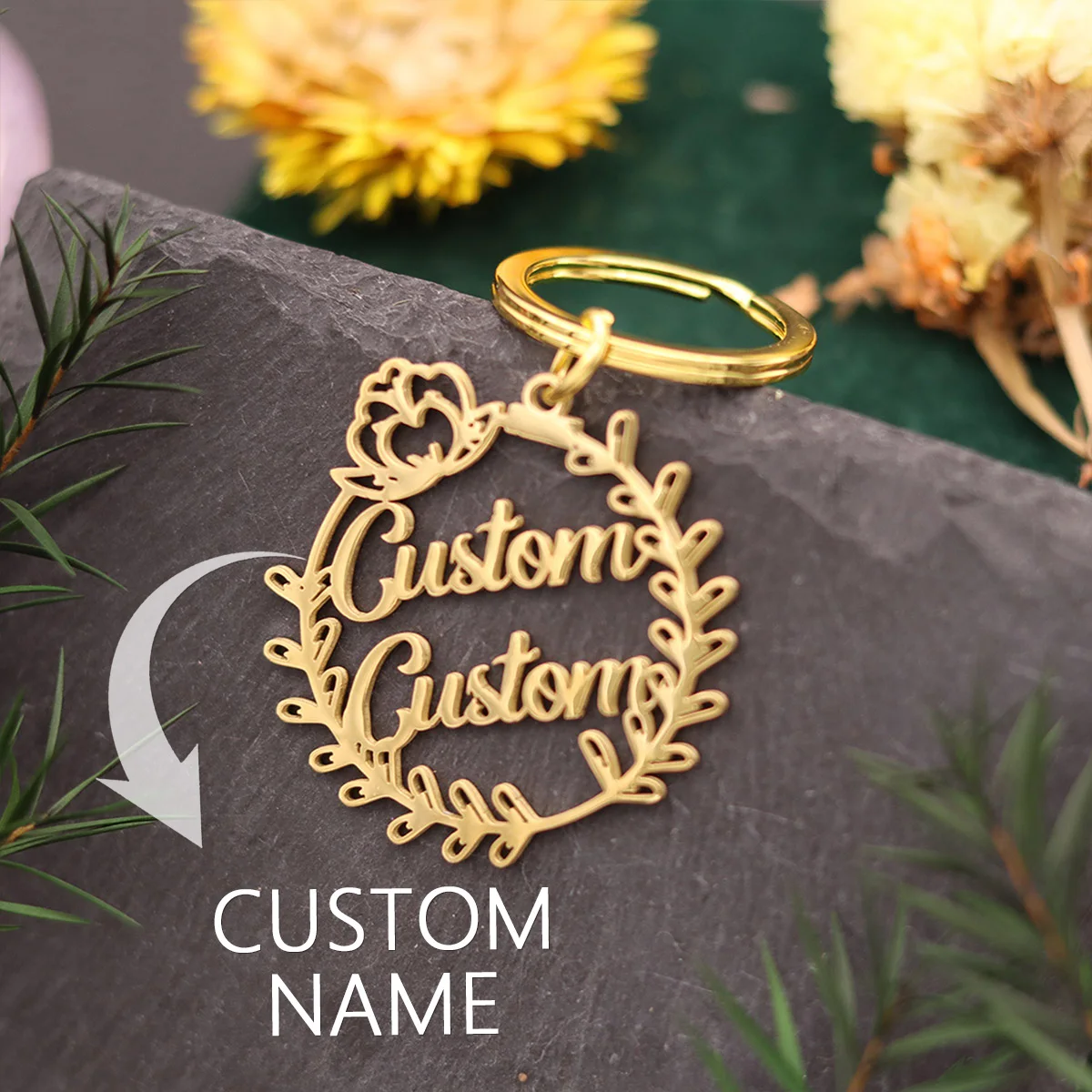 QIAMNI Sweet Flowers Keychains Stainless Steel Custom Name Keyring Couple Engraved Nameplate Key Chains Birthday Gift Decoration