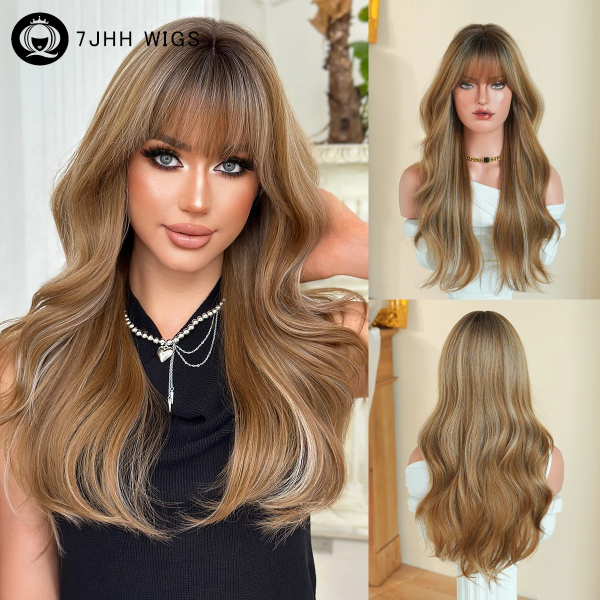 

7JHH WIGS Long Body Wave Blonde Wig for Women Modest Fashion High Density Synthetic Golden Highlight Beige Wigs with Dark Roots