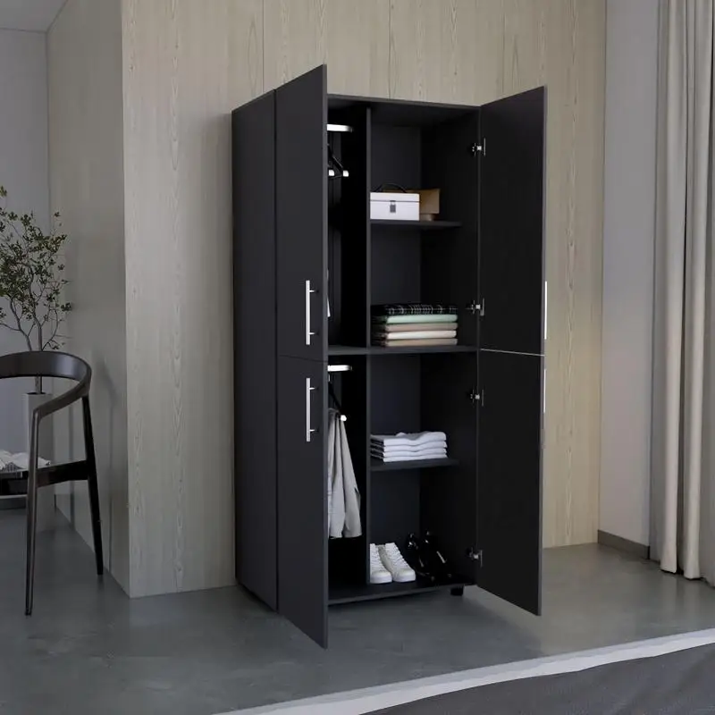 70" H Armoire Wardrobe, Double Doors, 6 Shelves, 2 Hanging Rods, Black Finish Storage Organizer