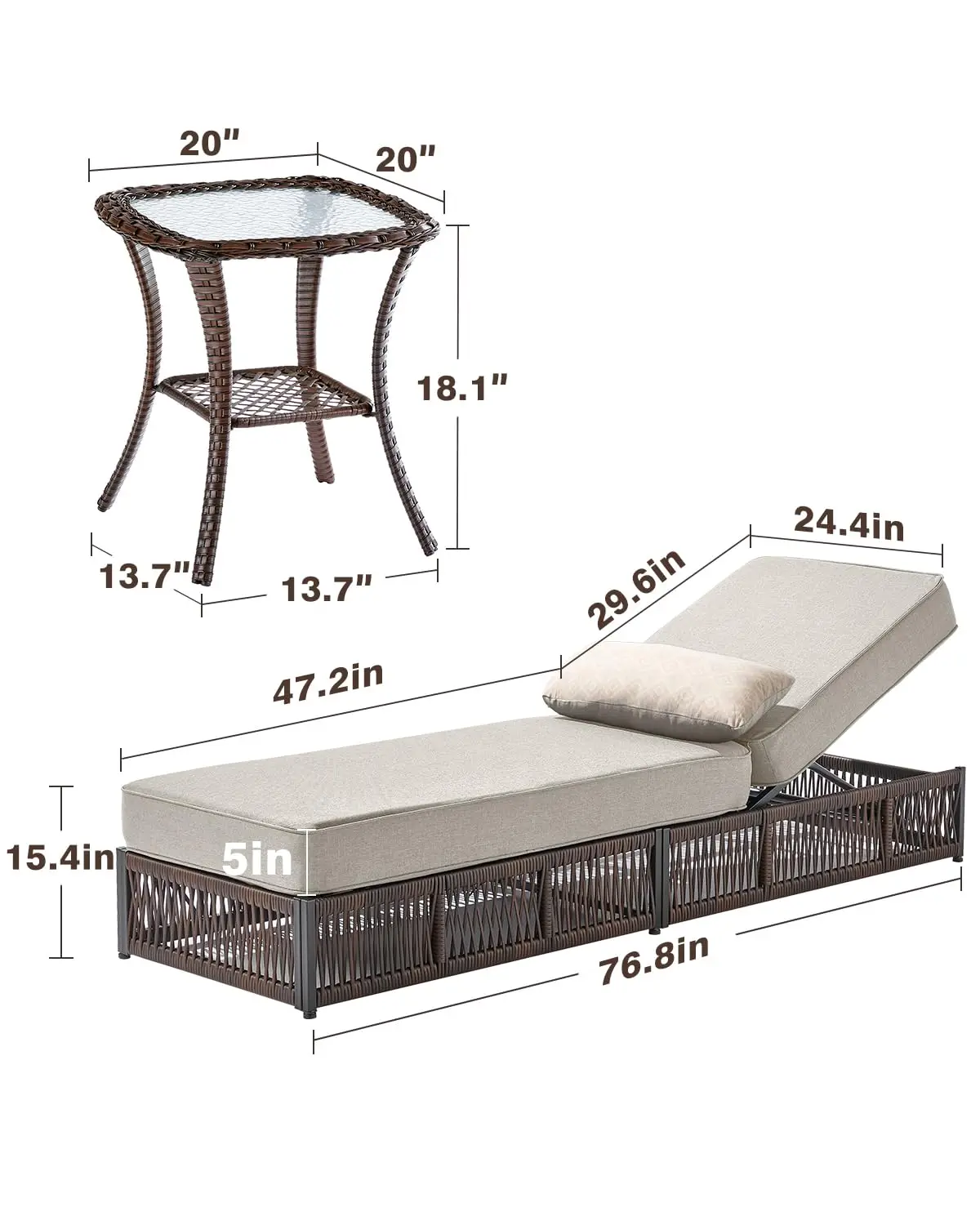 Luxury Outdoor Chaise Lounge Chairs of 4 with 5 Inch Thick Cushions and Side Table - 6 PCS High Back Brown Wicker Rattan Patio R