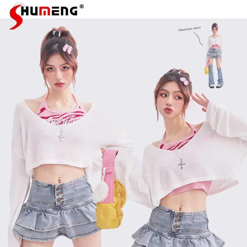 

American-Style Halter Sling Sweater Long Sleeve Short Top 2023 New Streetwear Sleeveless Chest Wrap Top and Blouse Two-Piece S