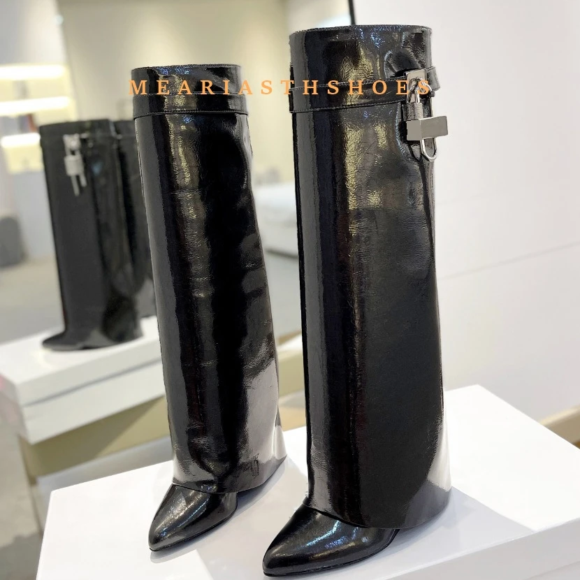 قفل معدني مطوية امرأة حذاء بكعب ويدج حزام جلد أسود الارتفاع زيادة حذاء برقبة للركبة أشار تو الشتاء أحذية طويلة حجم 44 #1