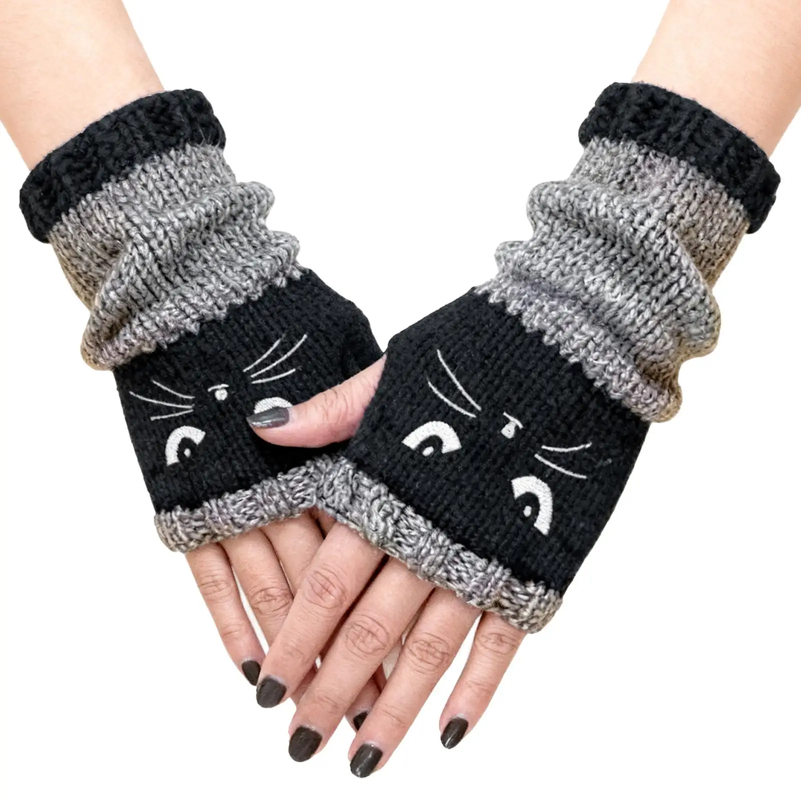 Warme Winterhandschuhe, Strickhandschuhe mit Katzenstickerei, Patchwork, modische fingerlose lässige Damenhandschuhe, Neujahrsgeschenke