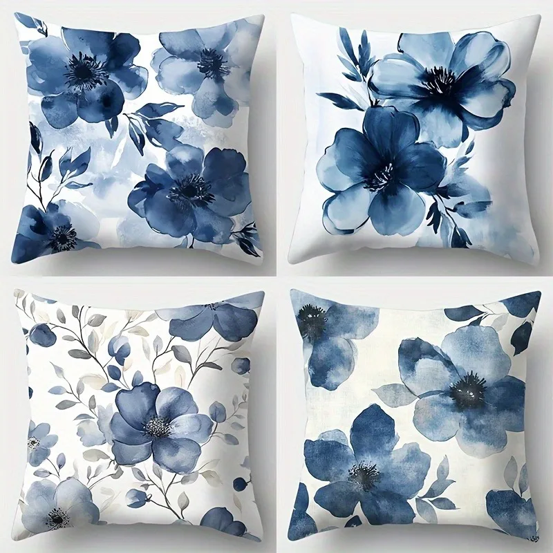 Blue Floral Watercolor Pillowcase ,Sofa bedroom cushion cover, single-sided printing, without pillow core