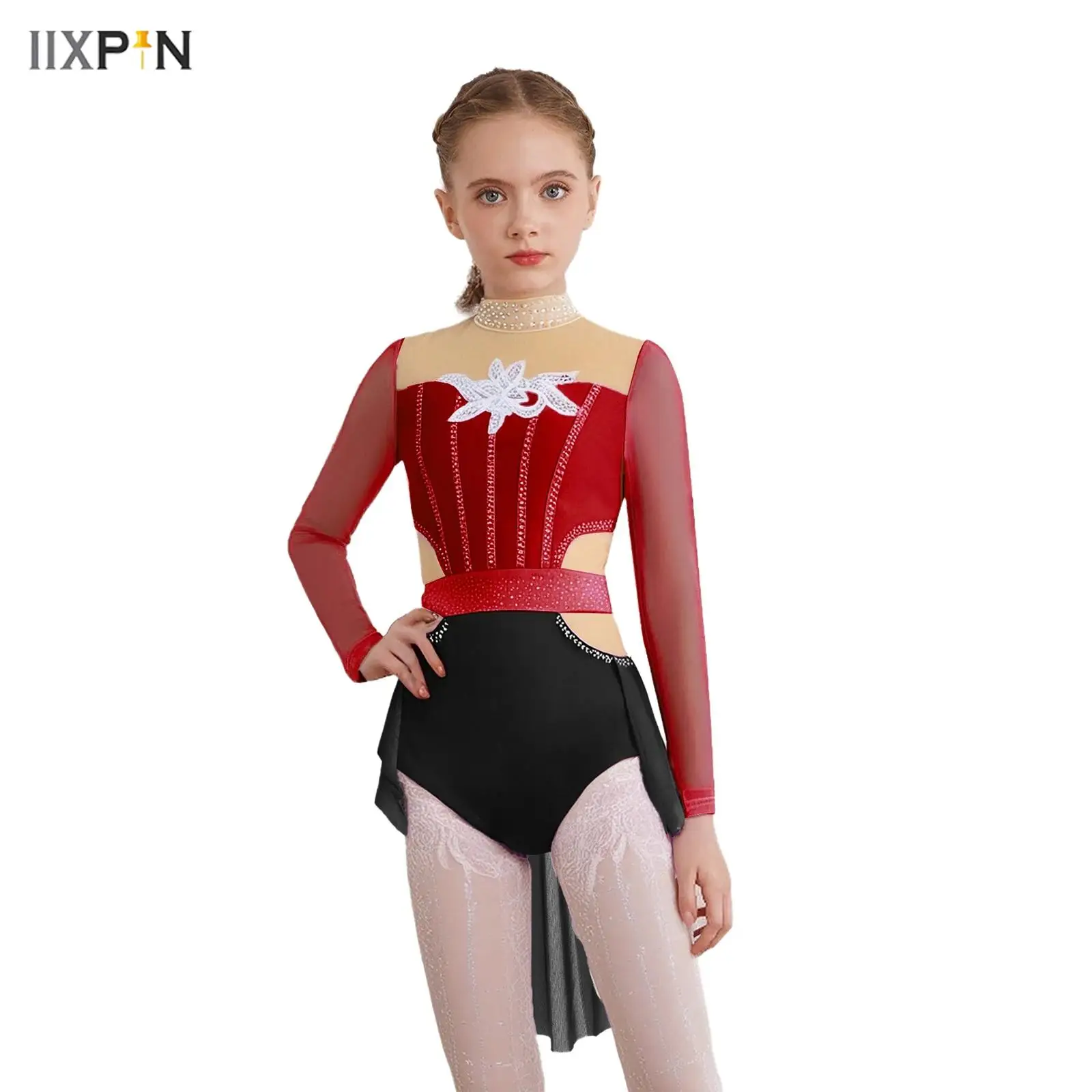 

Kids Girls Modern Lyrical Dance Dress Long Sleeve Sequins Applique Rhinestones Color Block Mesh Splice Ballet Skirted Leotard