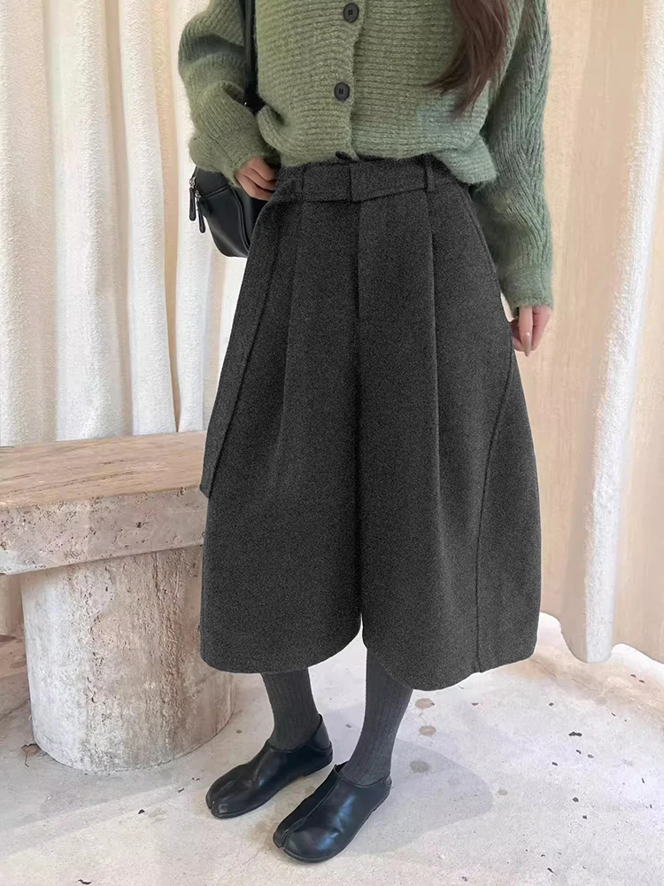 ReddaChic habillé plis Tweed Shorts unisexe Bloomers bureau décontracté ceinture ample taille basse jambe large Baggy pantalon hiver femmes vêtements