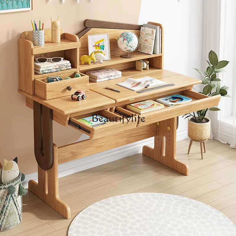 

01 Primary school students can lift writing desks Boys and girls home bedroom solid wood desk