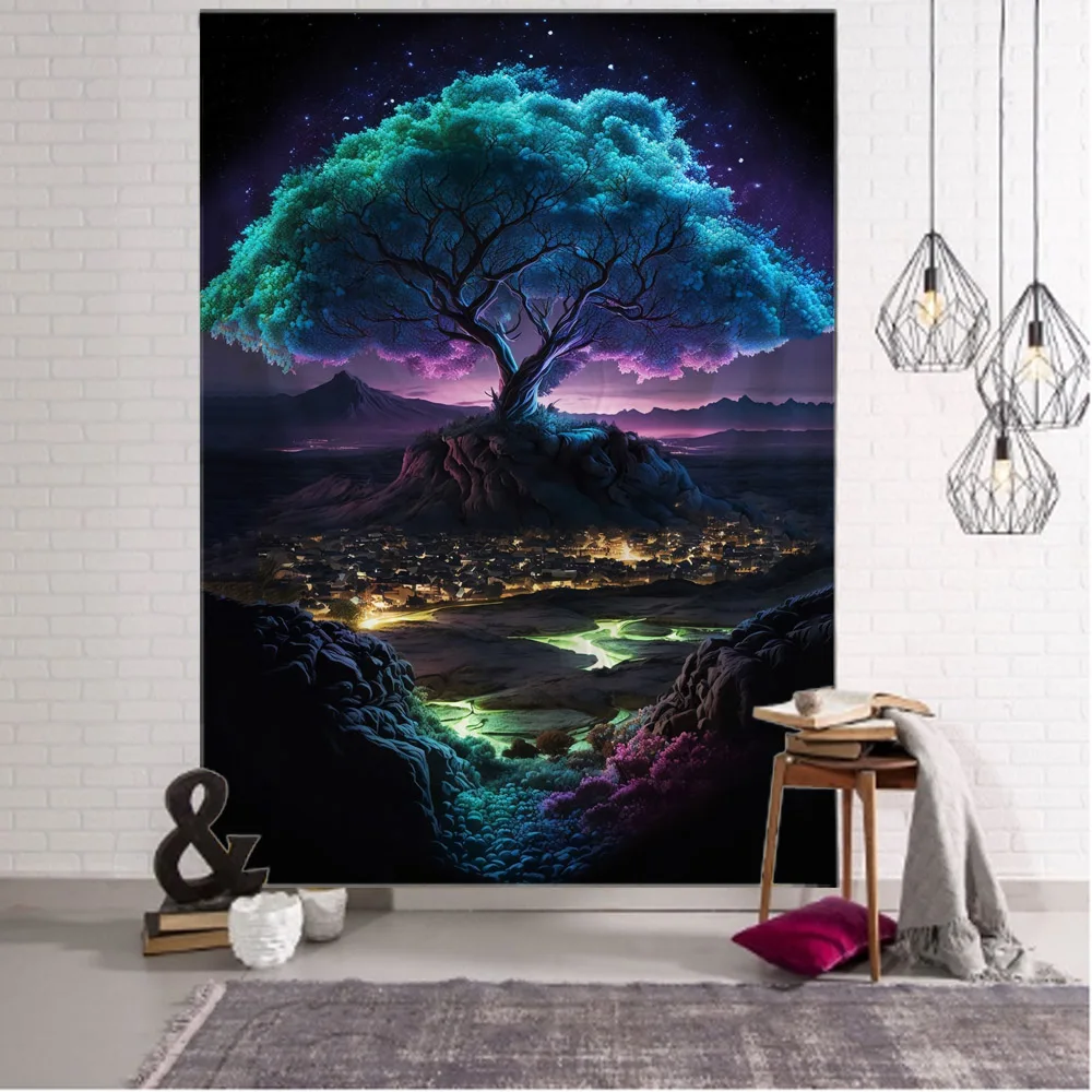 Psychedelic tree tapestry starry sky fantasy art wall hanging hippie wall decoration home background fabric dormitory bed sheets