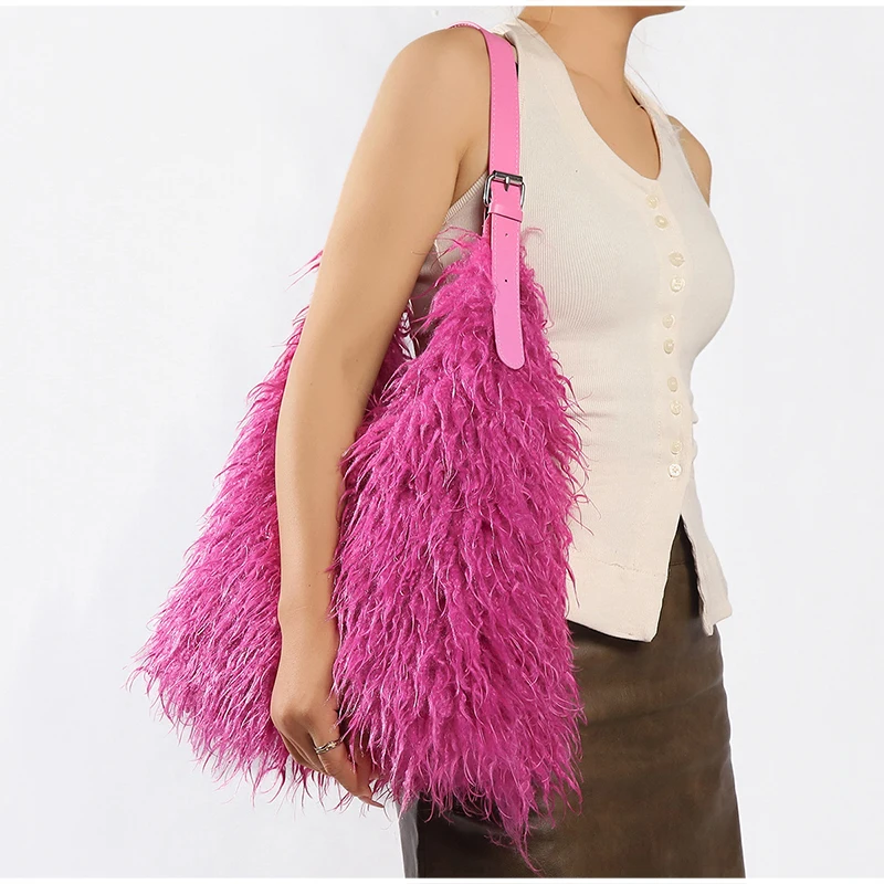 Lange, lockige, flauschige Plüsch-Umhängetasche, Y2k-Mädchenmode, große Damen-Winterhandtasche, einfarbige Tragetasche – Detail 17
