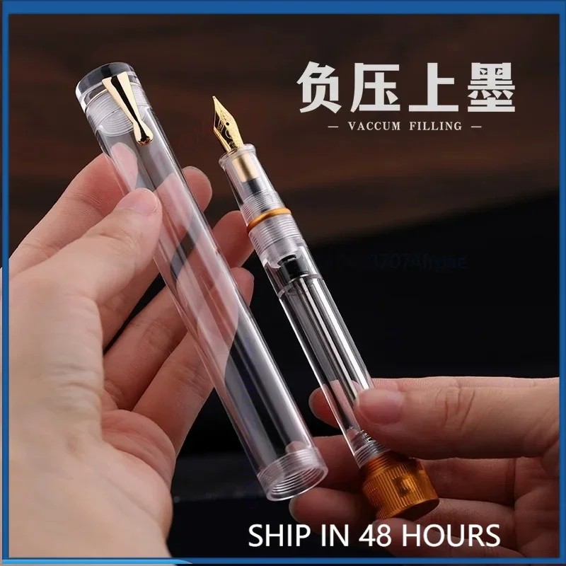 For MAJOHN V1 Vacuum Clear Travel Fountain Pen No.26 Gold Fine Nib Large Ink Storage Men Women Office Stationery