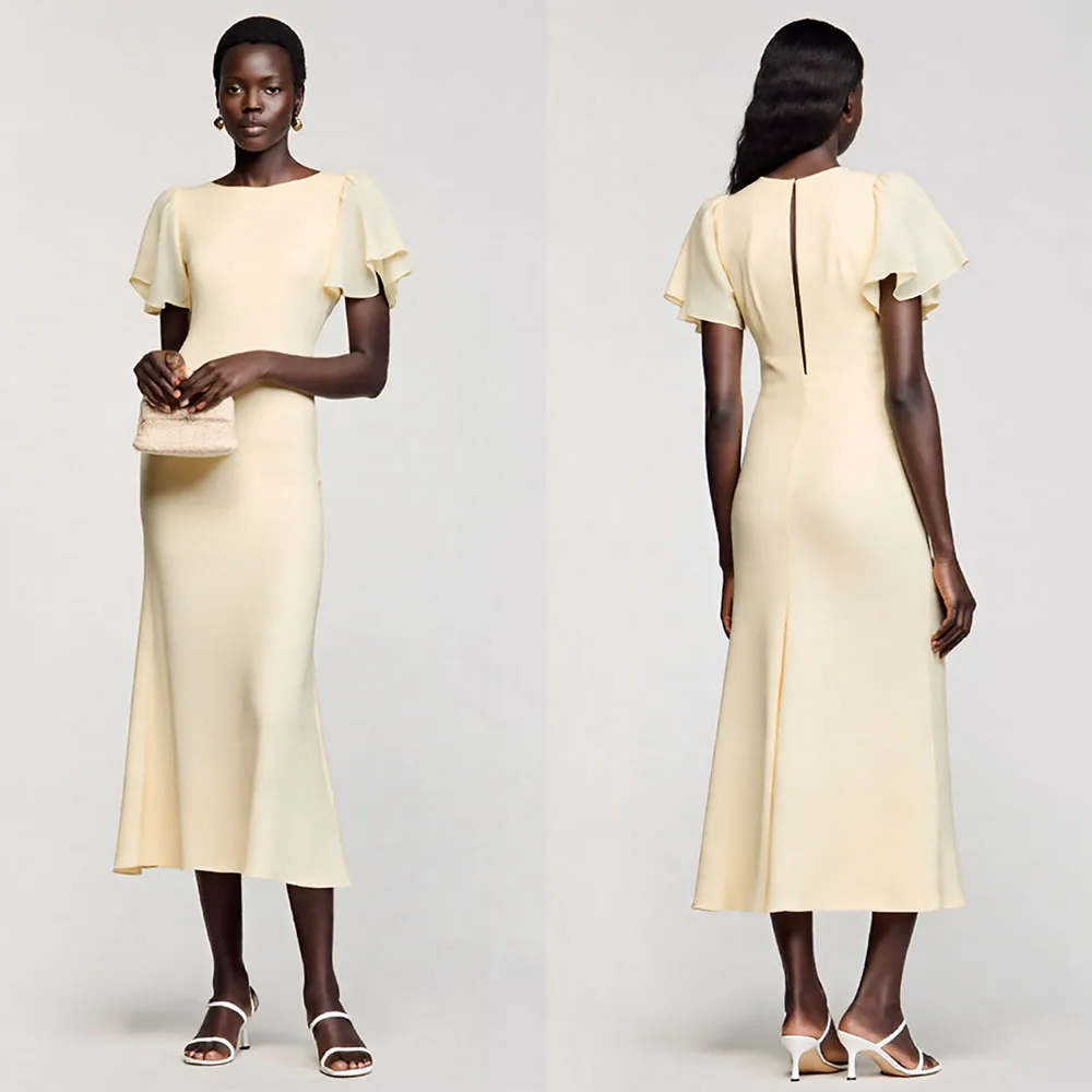 

High Quality Customized Tea Length Short Sleeves A-line Wedding Party Women Robe Pour Mariage Invité Evening Dresses Robe فستان